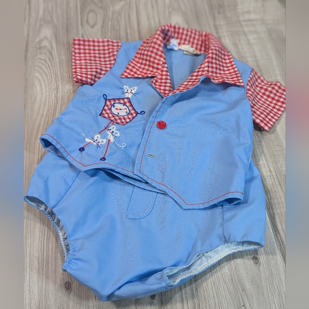 Vintage Newborn Mouse & Clock Gingham Top and Diaper Pants Cover Shorts